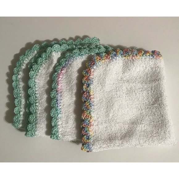 Set Of 4 Handmade White Towels With Aqua Crochet Edge. 11x11 Inches. - Picture 6 of 8